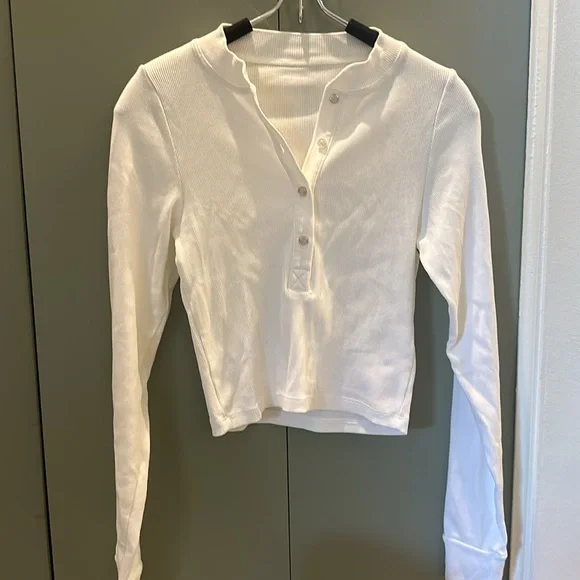 NSF Kye Crop Long Sleeve Henley In Soft White - Picture 2 of 5